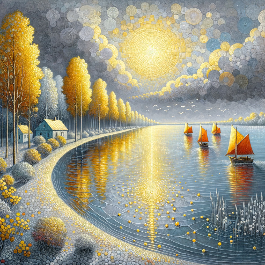 Serene Lake Landscape with Golden Trees and Sailboats