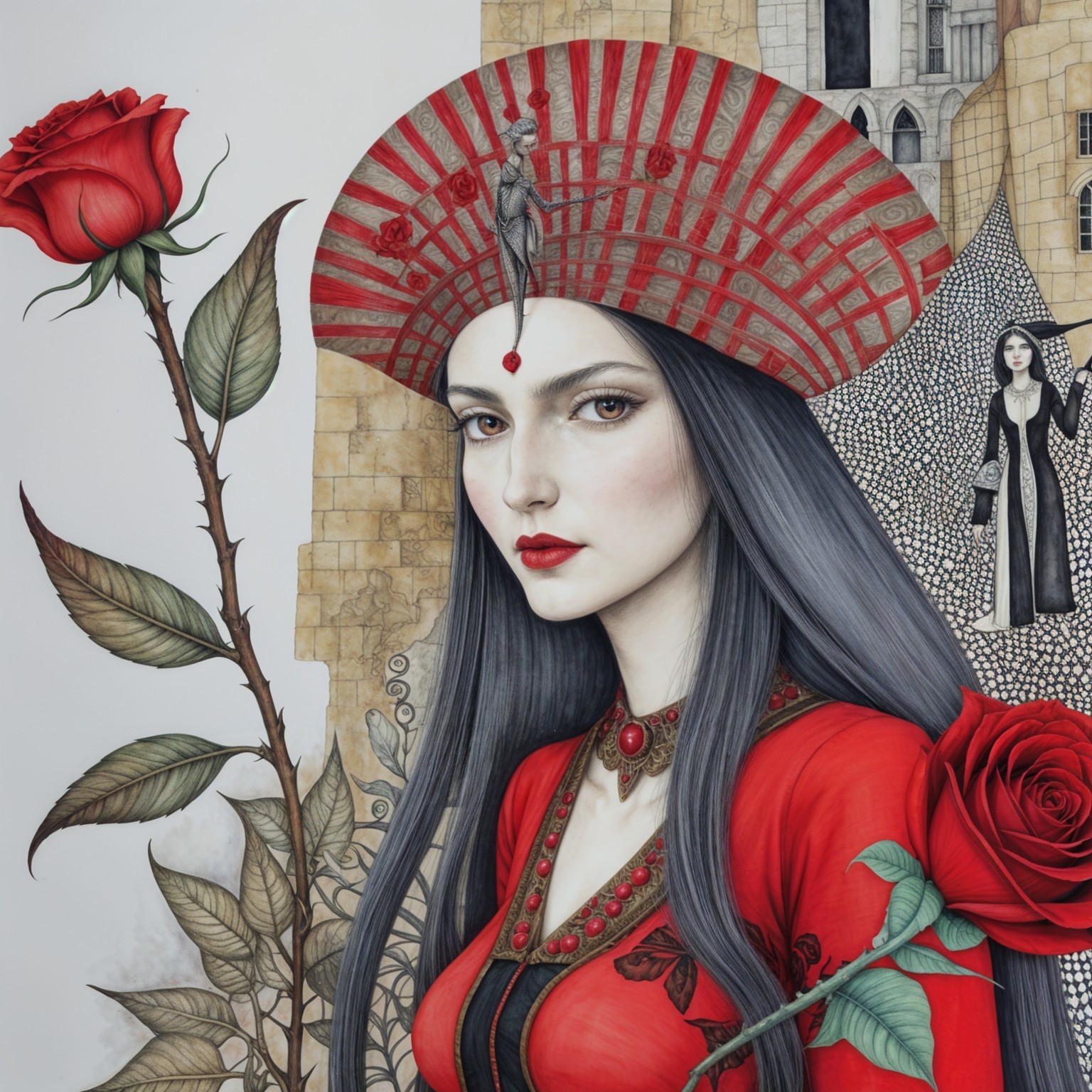 Striking Woman in Red with Gray Hair and Rose