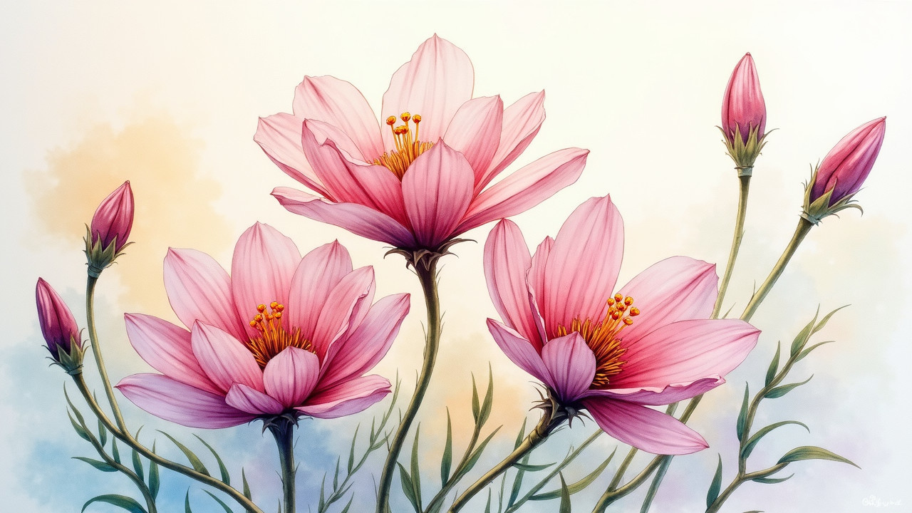 Watercolor Painting of Pink Flowers and Green Stems