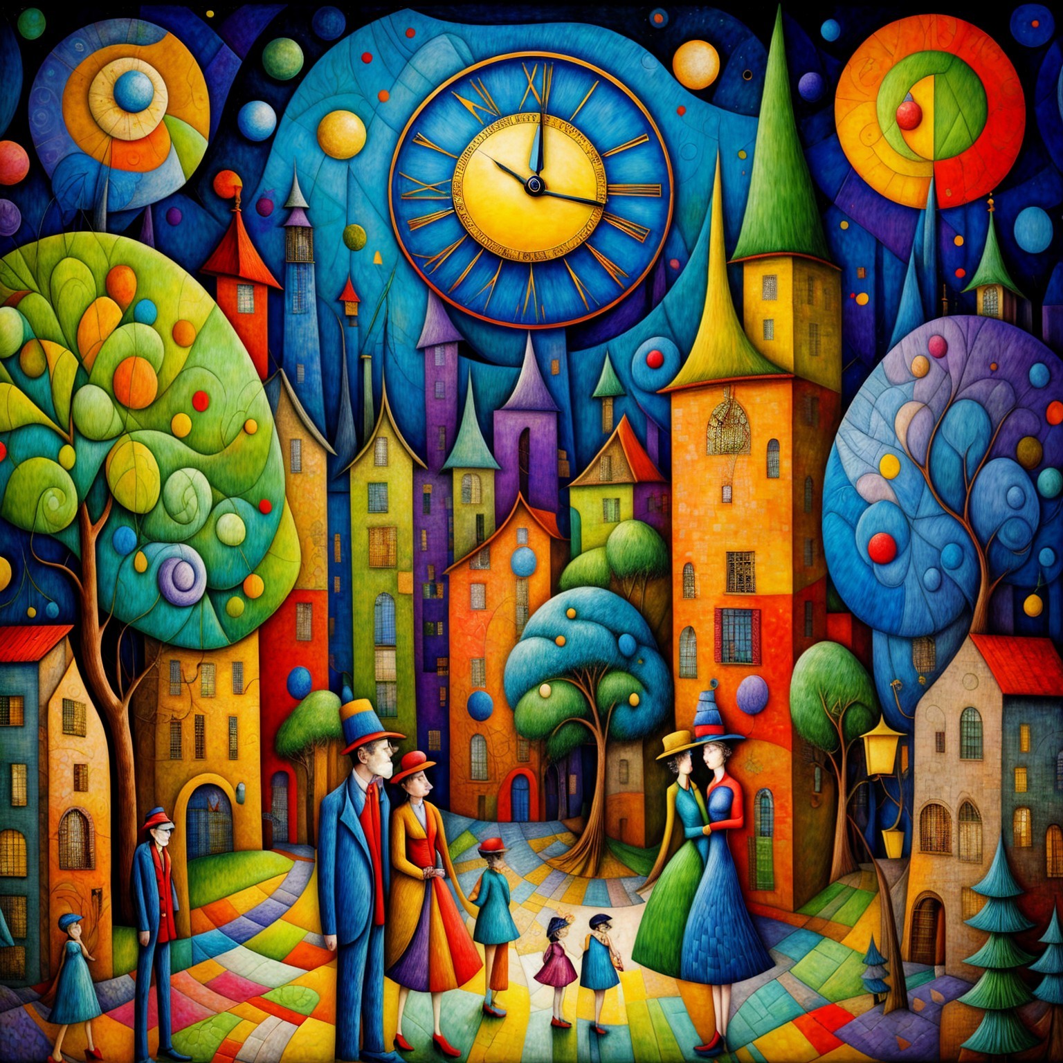 Colorful Nighttime Cityscape with Whimsical Elements