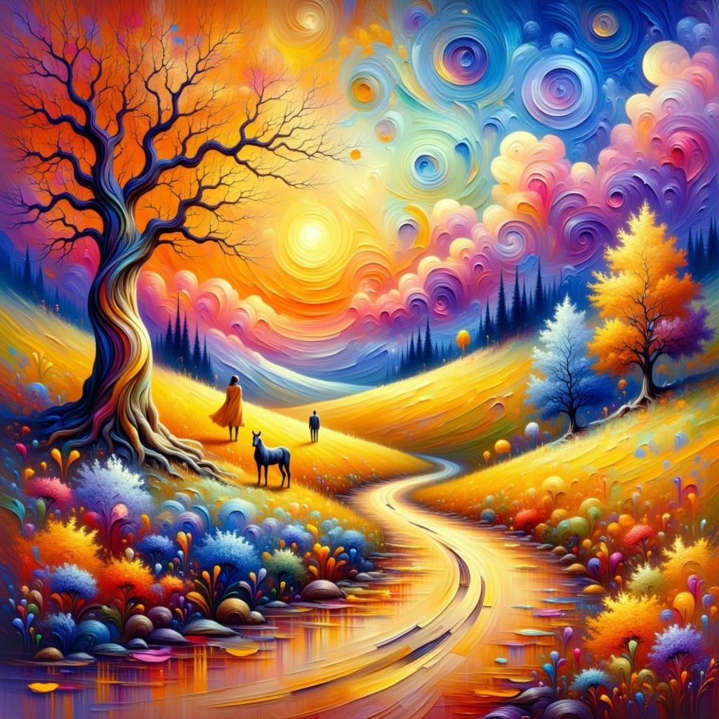 Vibrant Landscape with Winding Path and Majestic Tree