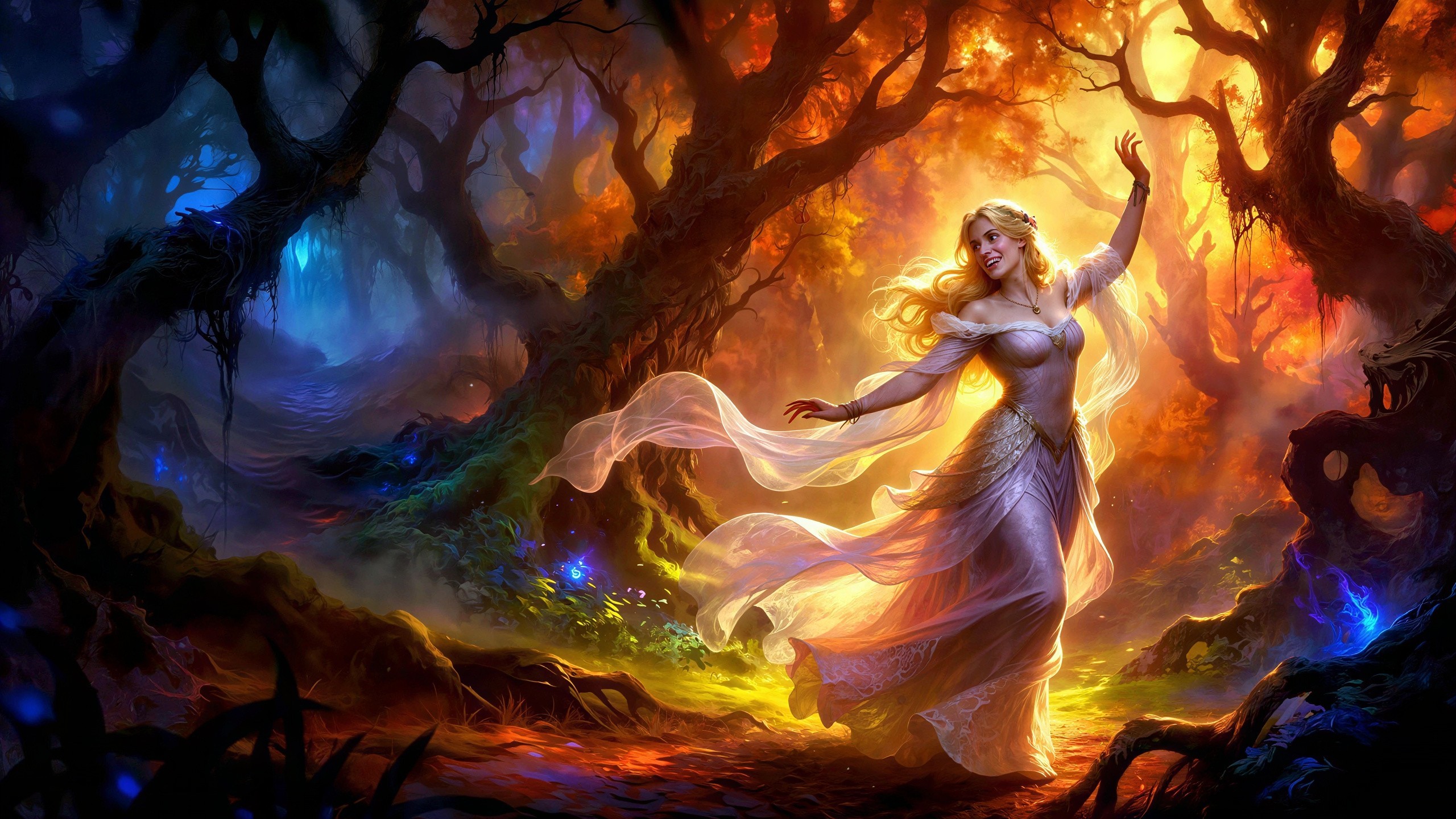 Vibrant Digital Painting of a Woman in Enchanted Forest