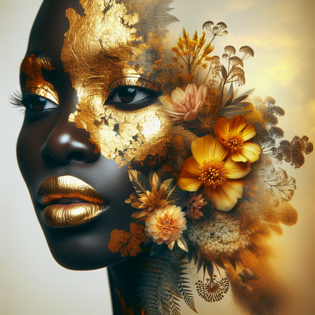 Close-Up of Woman's Face with Gold and Flowers