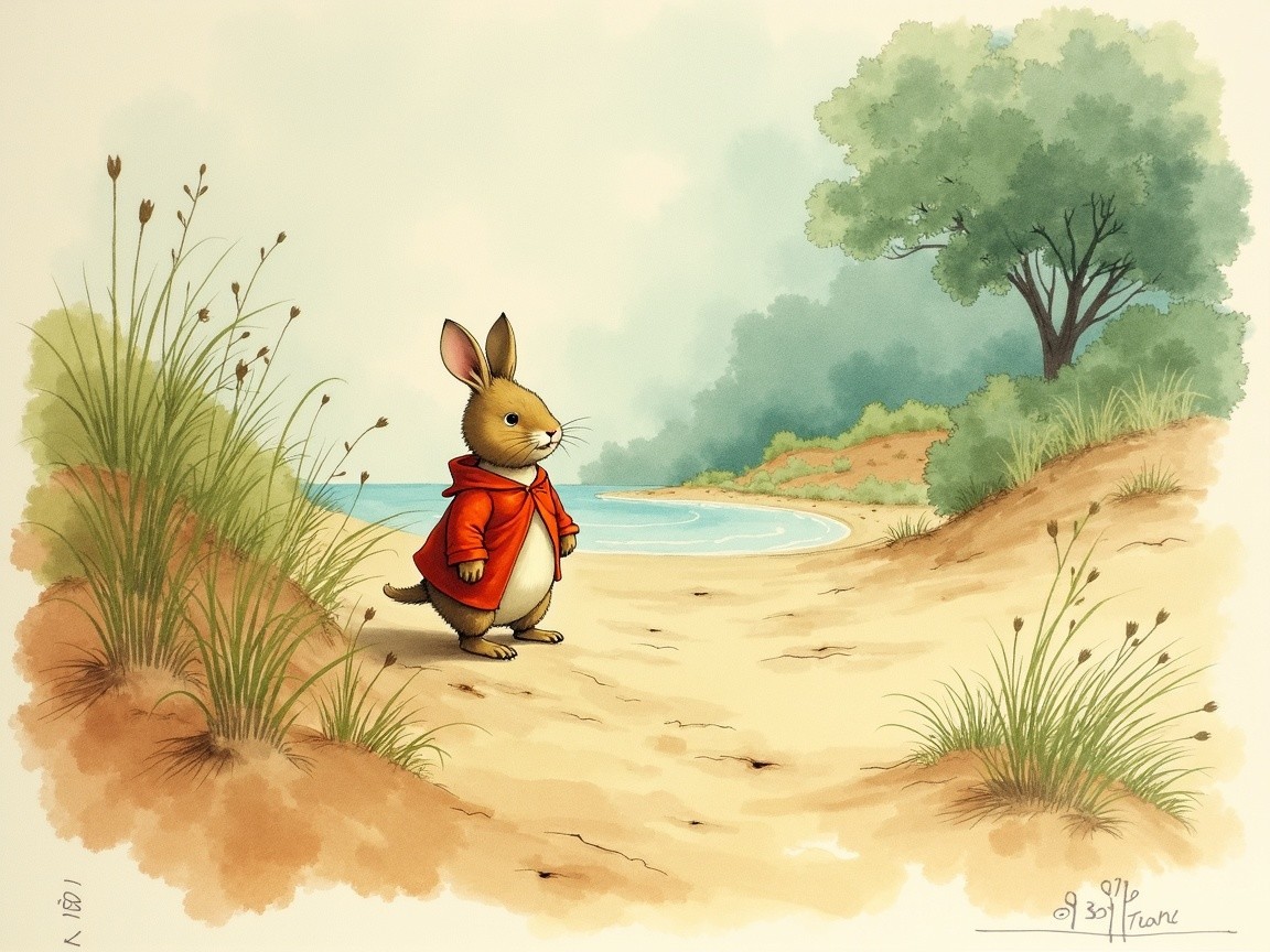 Charming Rabbit Character on Sandy Beach Path