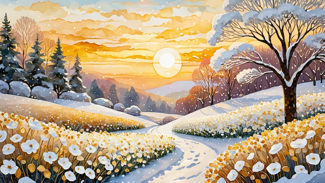Serene Winter Landscape with Snow and Sunrise