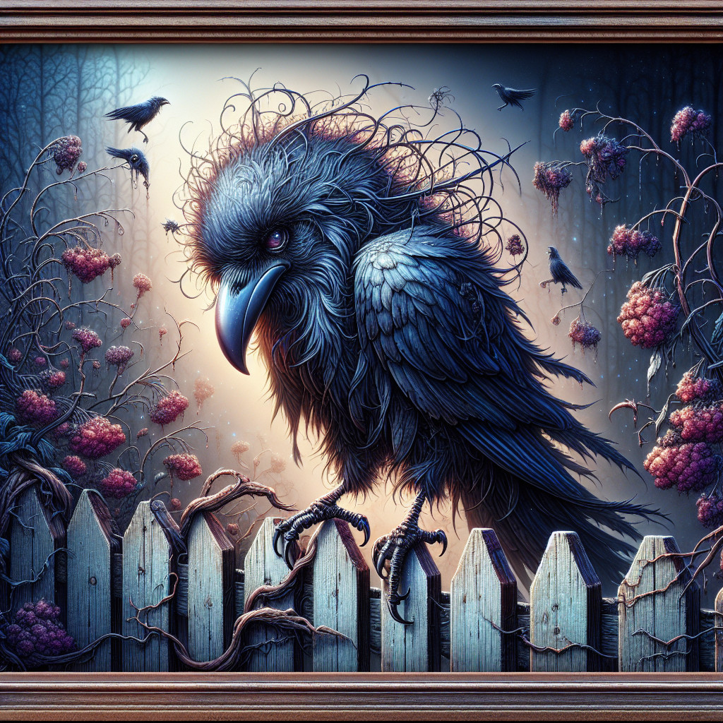 Surreal Crow on Wooden Fence in Mystical Woods