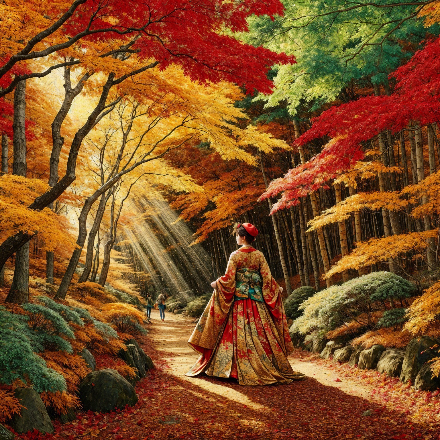 Woman in Kimono Amidst Autumn Forest Landscape
