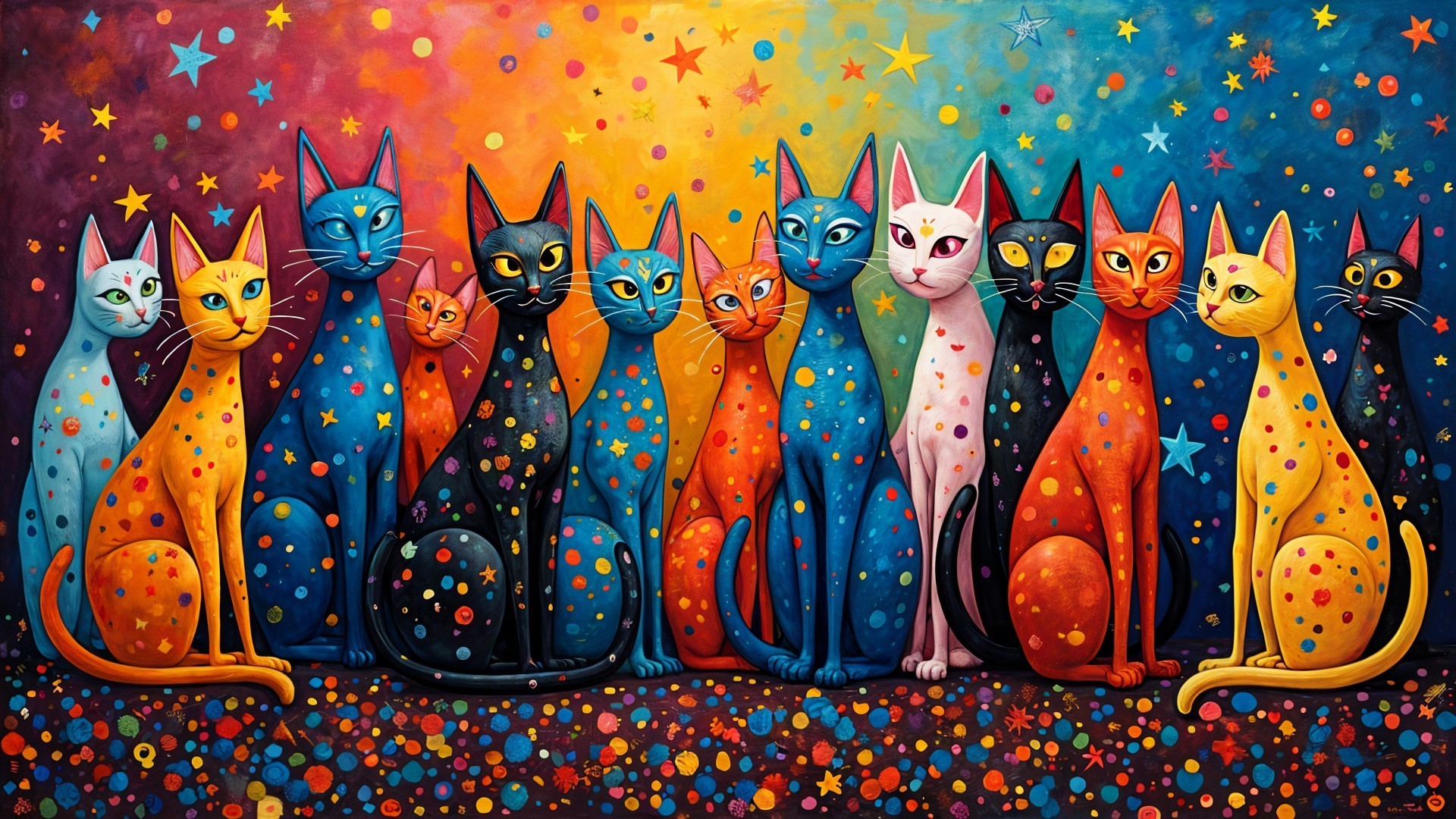 Colorful Stylized Cats in a Starry Background
