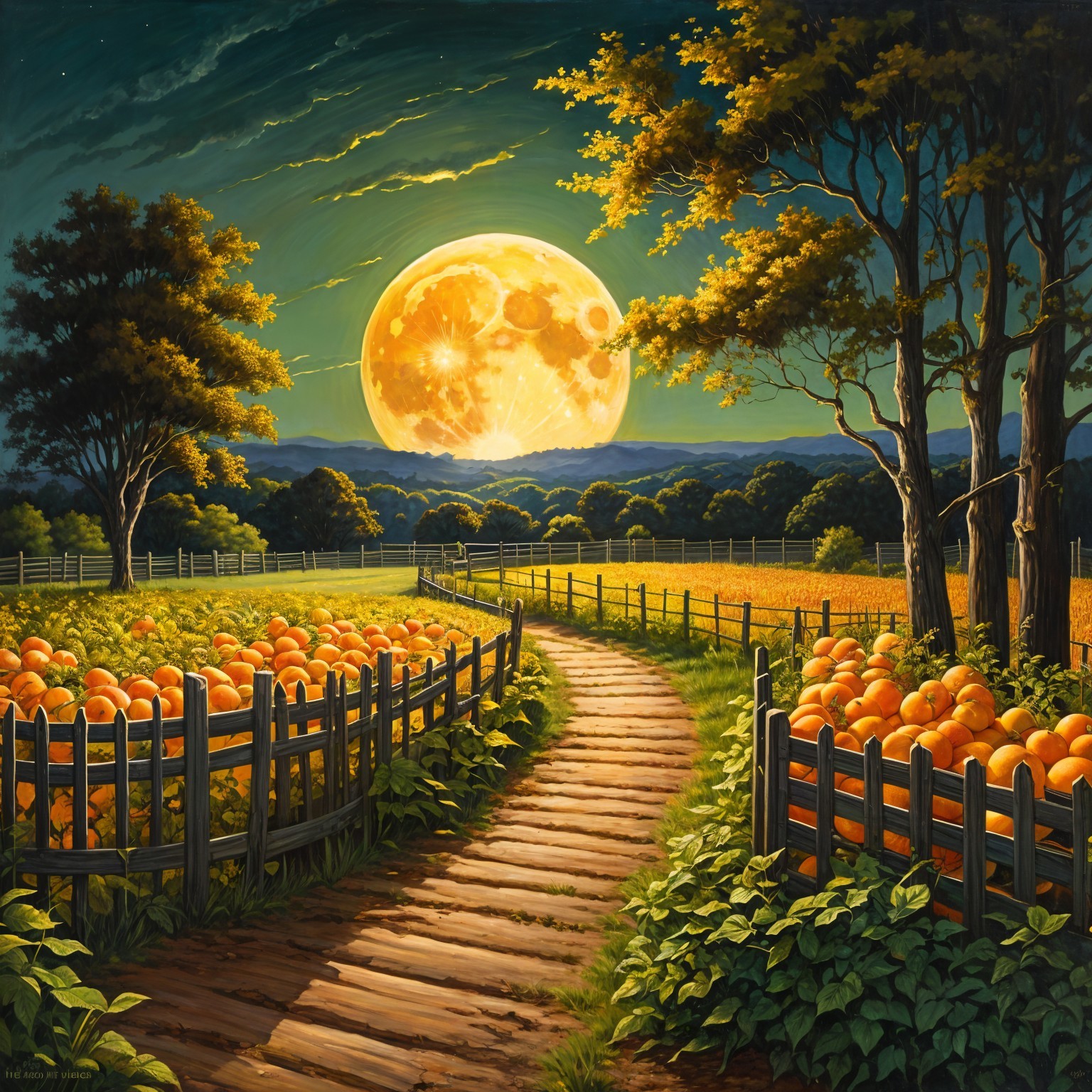 Wooden Path Through Vibrant Pumpkin Field at Night
