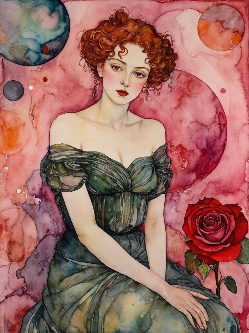 Celestial Watercolor of Woman with Red Curls and Rose