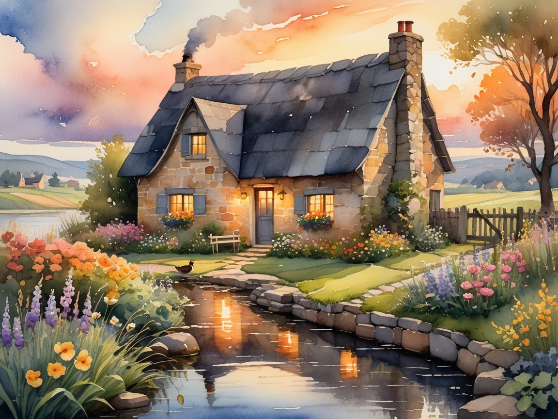 Watercolor of a cottage by a stream at sunset