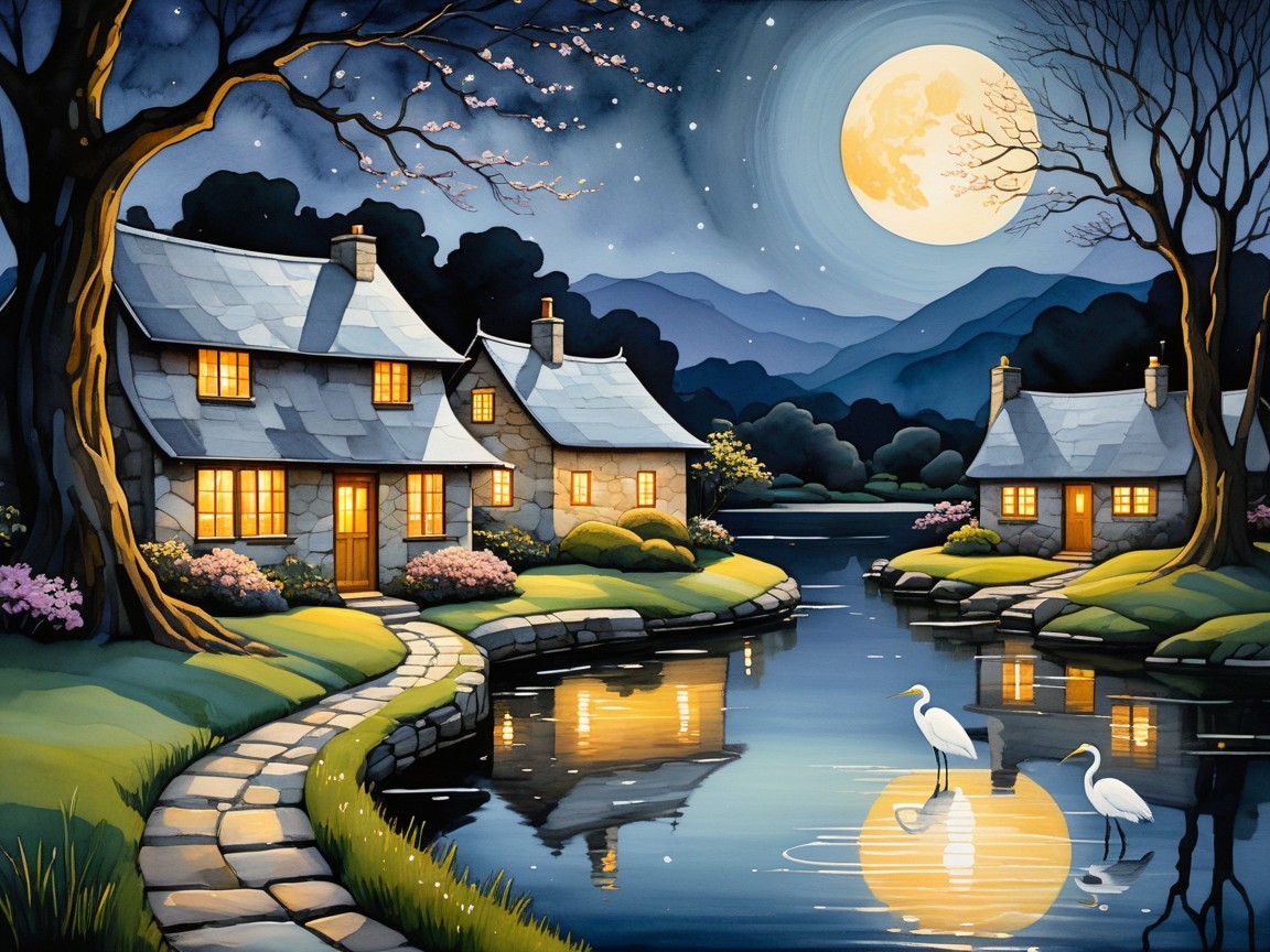 Tranquil Night Scene with Cottages and Serene Lake