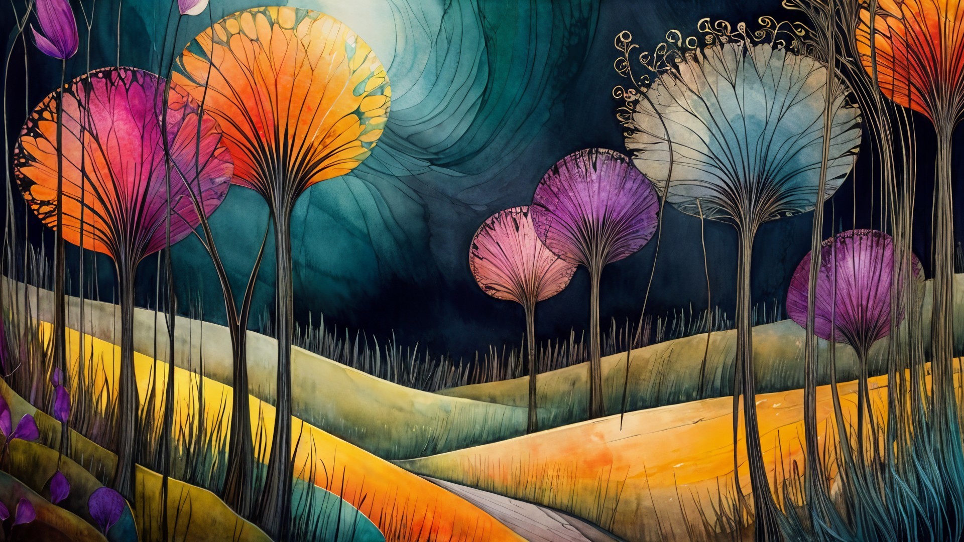 Surreal Landscape with Colorful Trees and Pathways