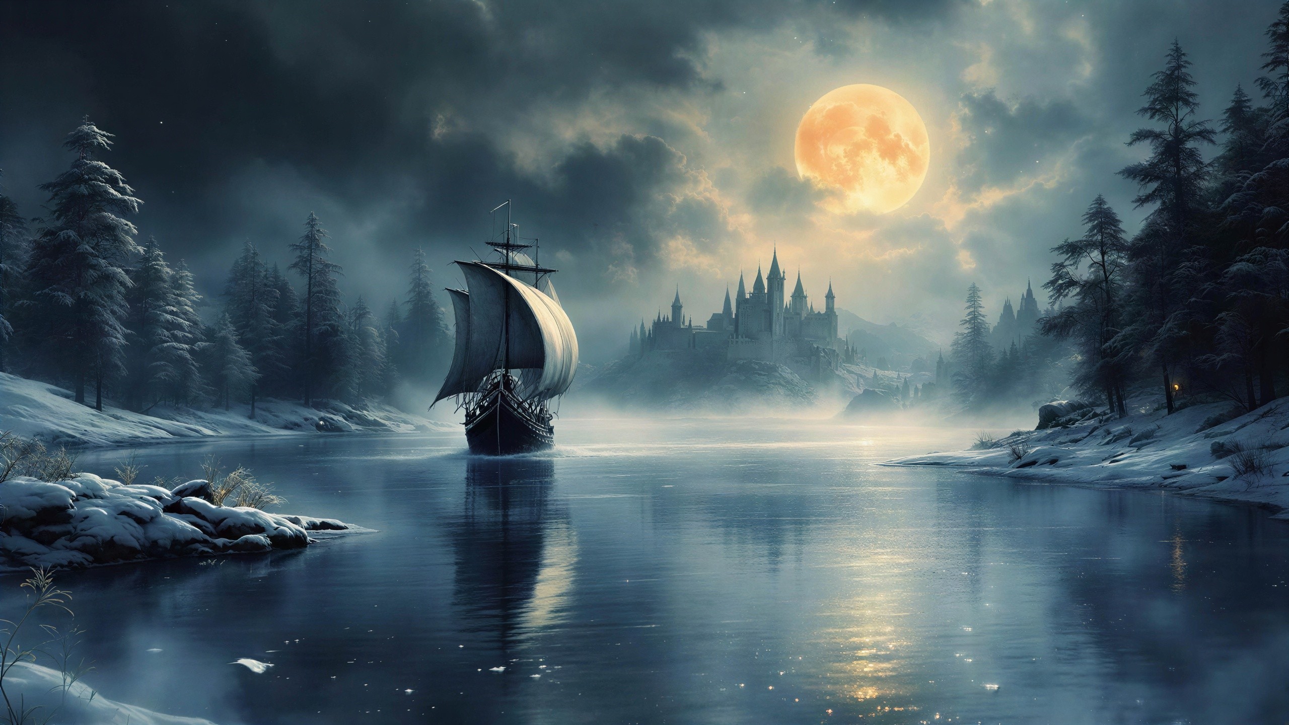 Fantastical Oil Painting of Sailboat by Icy Lake