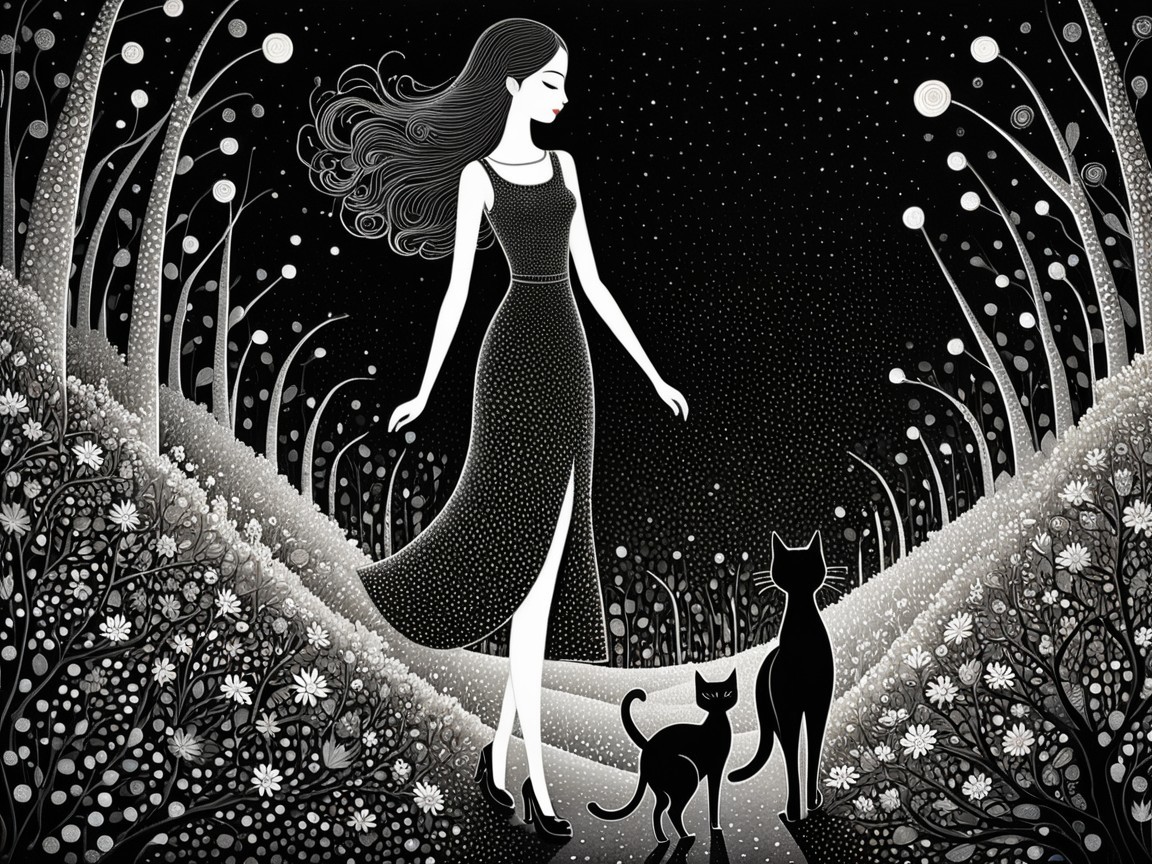 Whimsical Black-and-White Illustration of a Woman and Cats