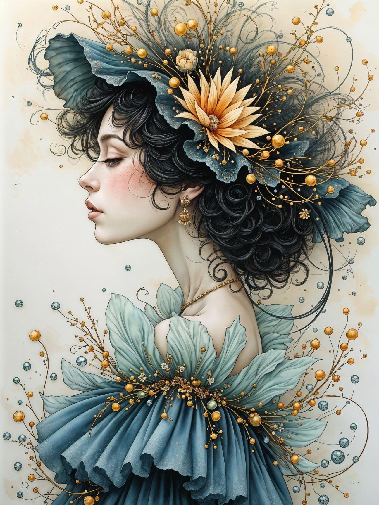 Young Woman in Floral Adornments and Blue Gown