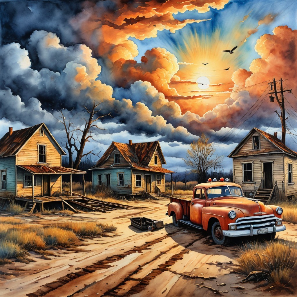 Vibrant Sunset Over a Desolate Rural Landscape