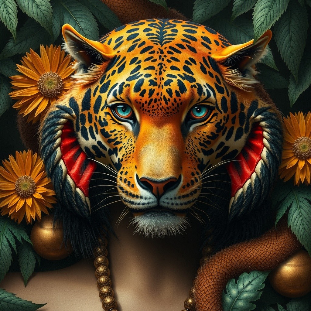 Surreal Portrait of Leopard with Sunflowers and Leaves
