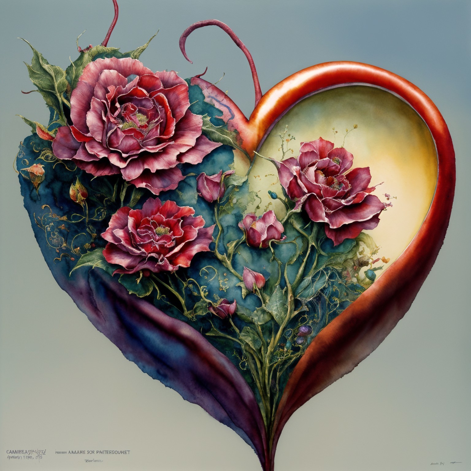 Vibrant Heart Artwork with Red Roses and Green Vines