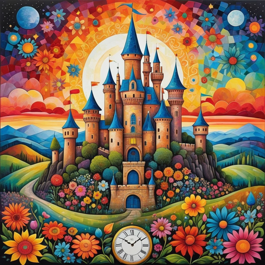Whimsical castle on a hill with colorful sunset sky