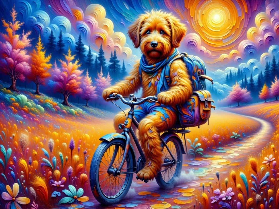 Fluffy Dog on Bicycle in Vibrant Landscape Scene