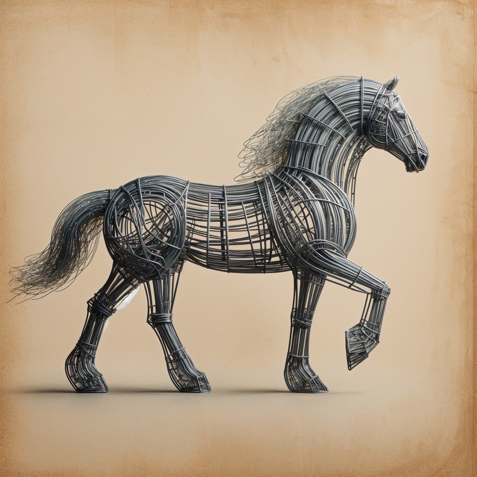 Intricately Woven Wire Horse Sculpture with Dynamic Form