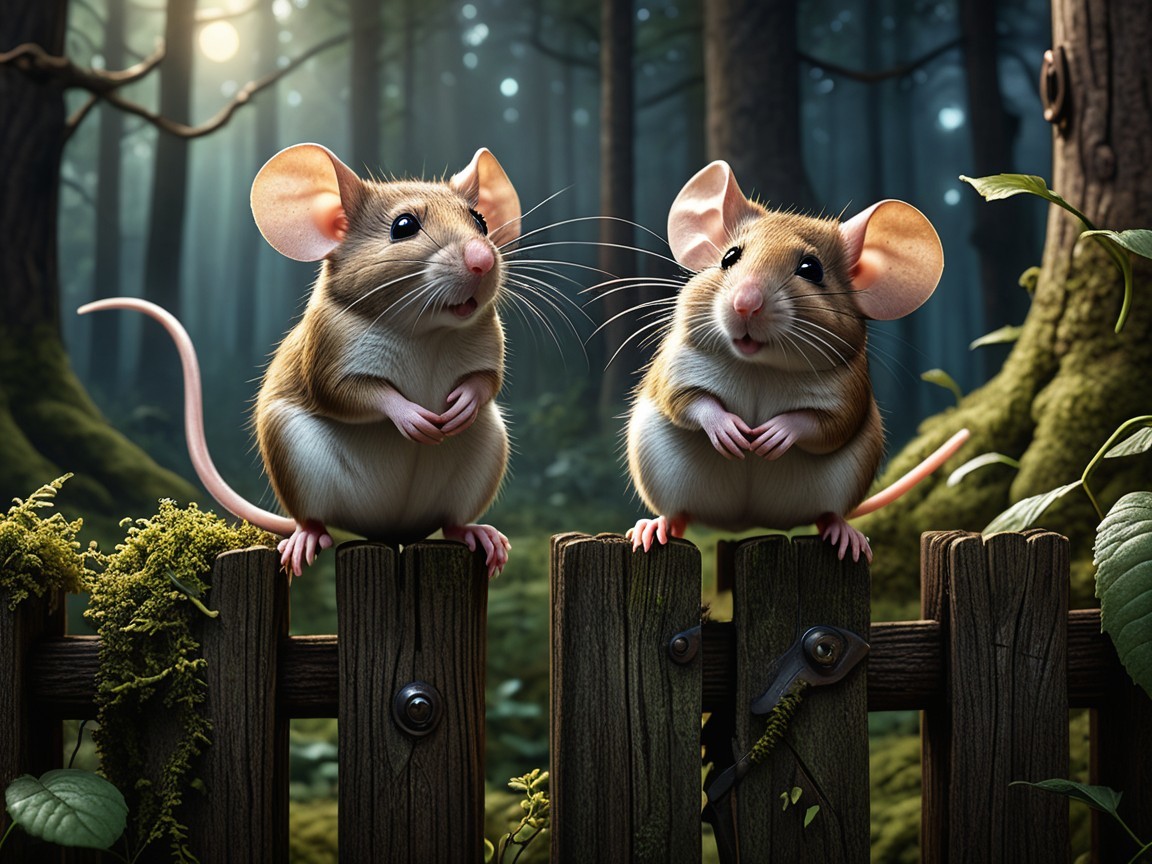 Mice on a Fence in a Serene Forest Setting