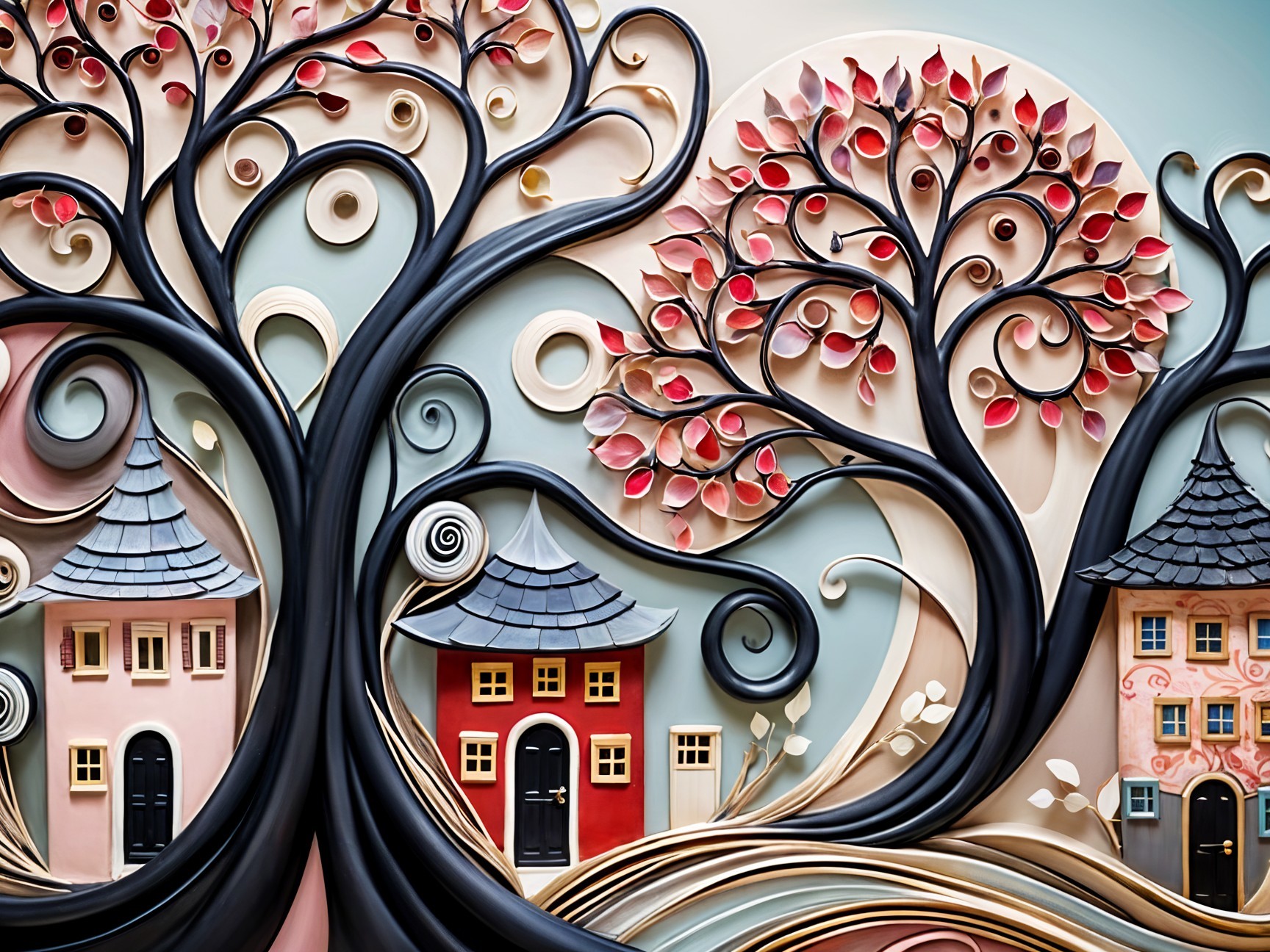 Whimsical Scene with Intricate Trees and Colorful Houses