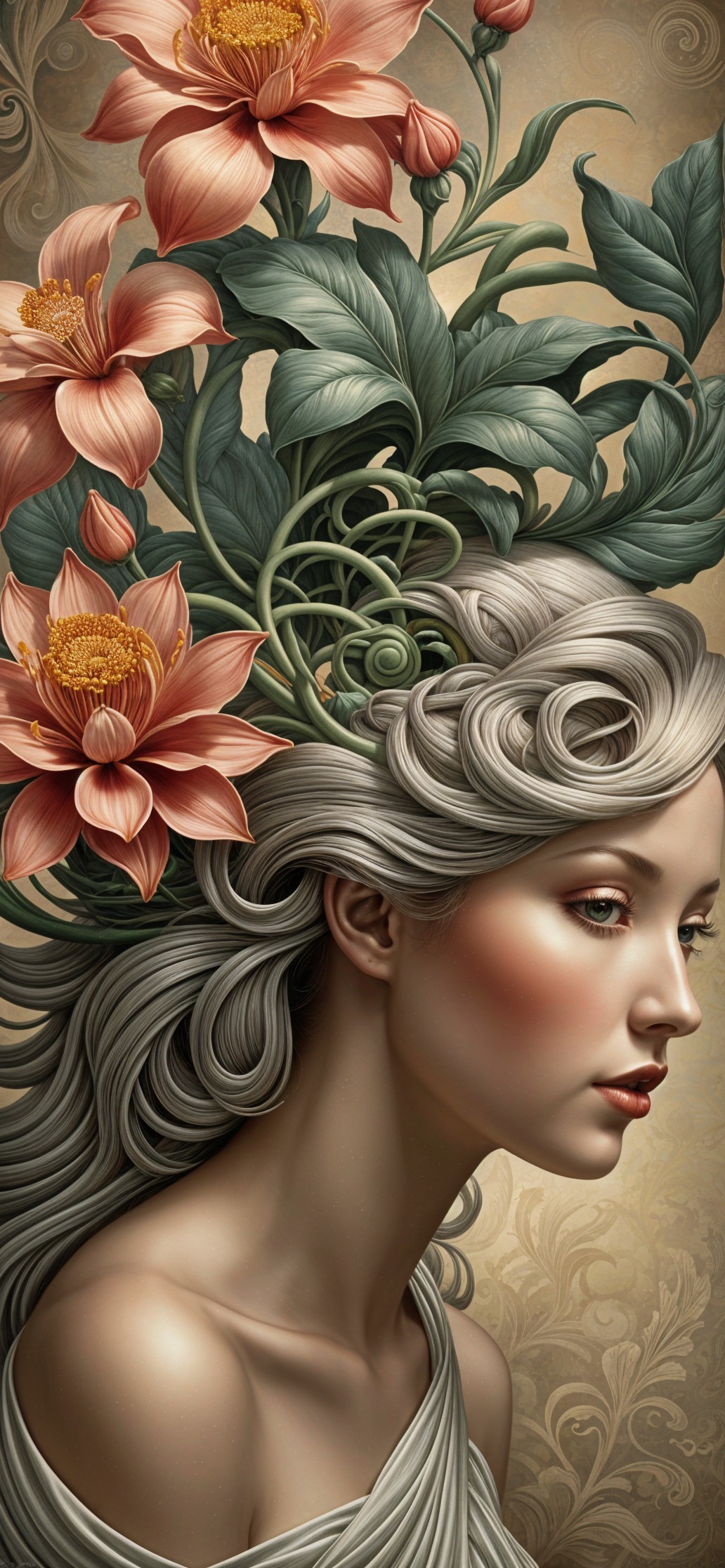 Profile of a Woman with Gray Hair and Flowers