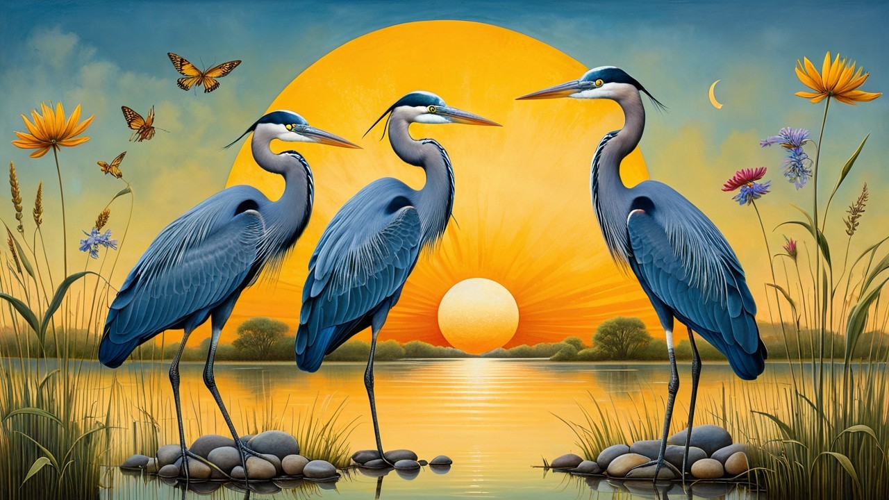 Elegant herons by a serene lake at sunset