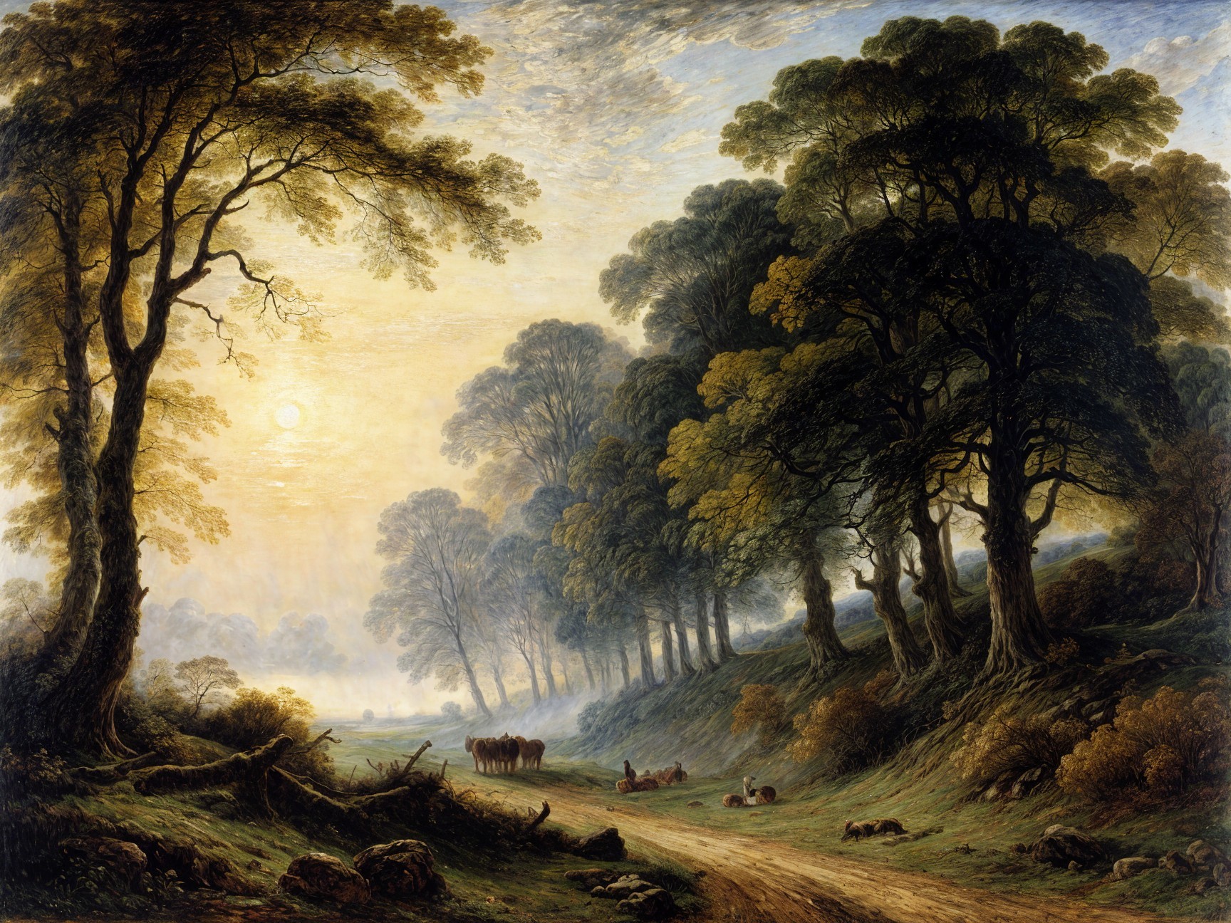 Serene landscape with trees, path, and grazing horses