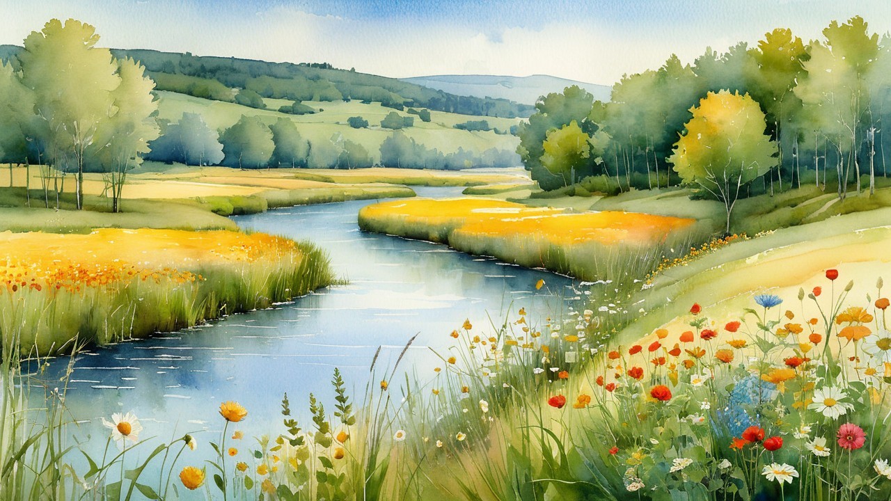 Tranquil River Landscape with Wildflowers and Hills