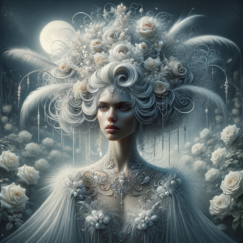 Ethereal Figure in Moonlit Garden with Floral Motifs