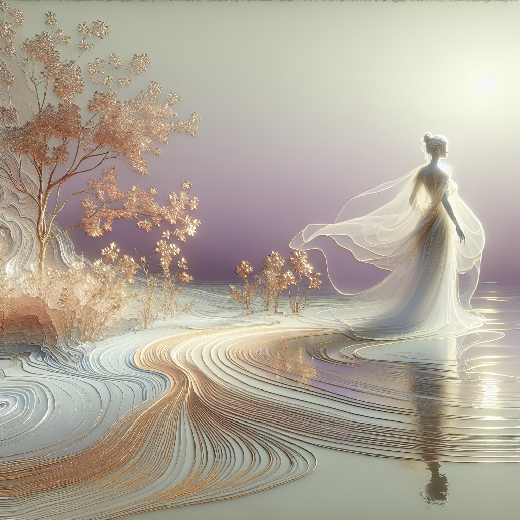 Graceful figure by serene water in pastel garments