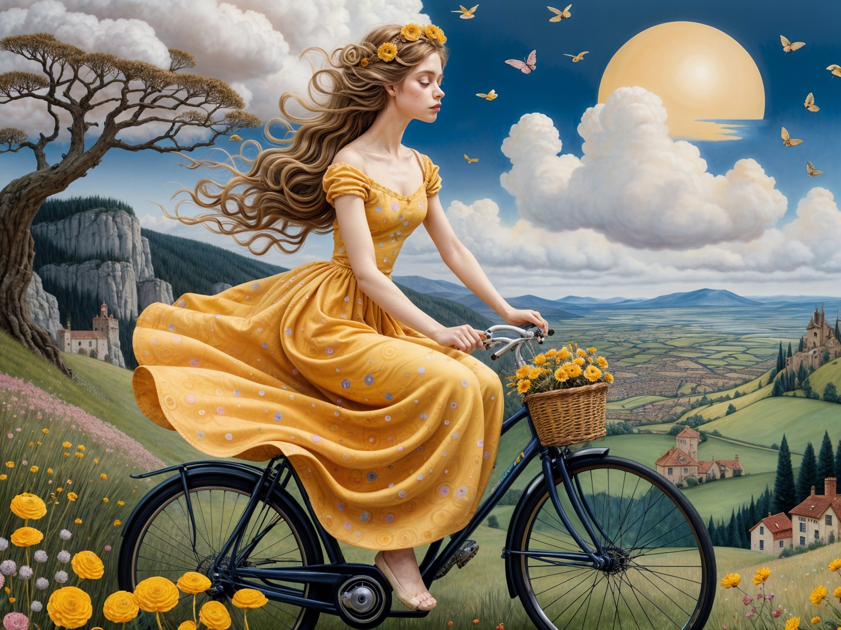 Young woman in yellow dress riding bicycle with flowers
