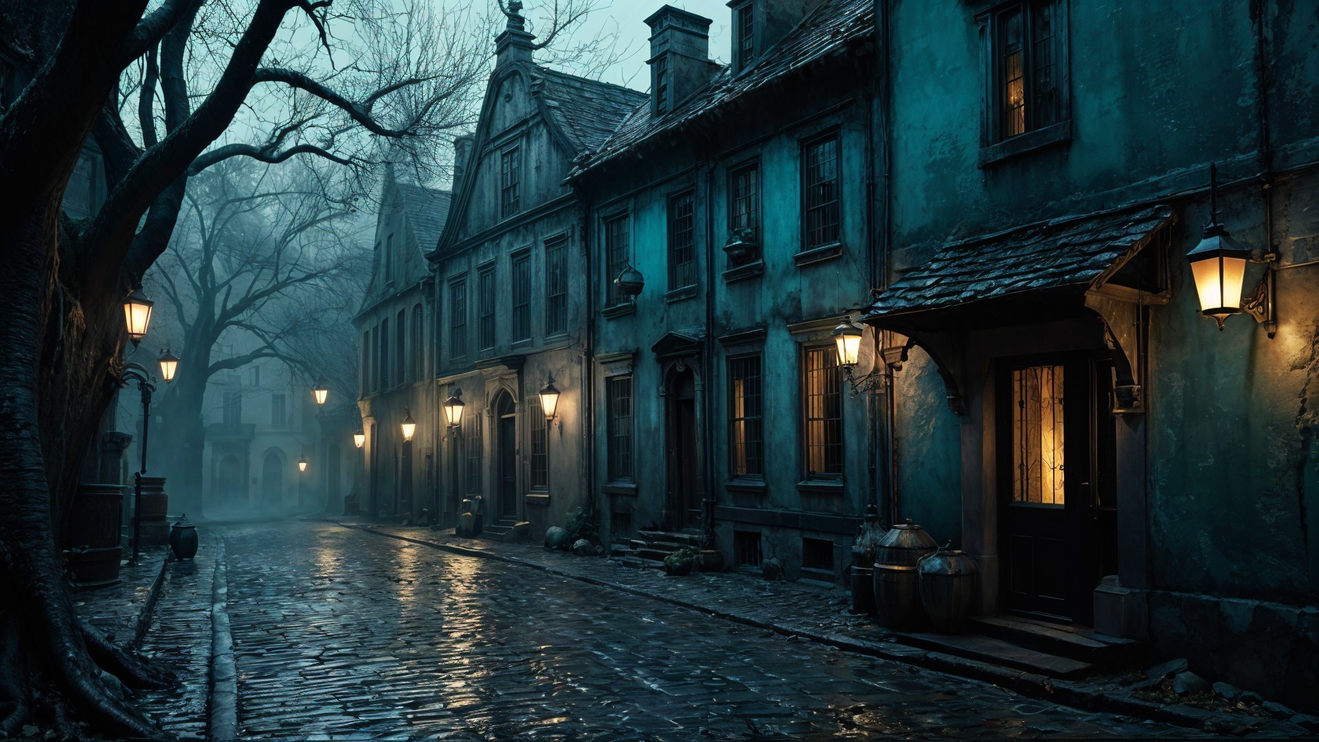 Foggy Street with Vintage Architecture and Lampposts