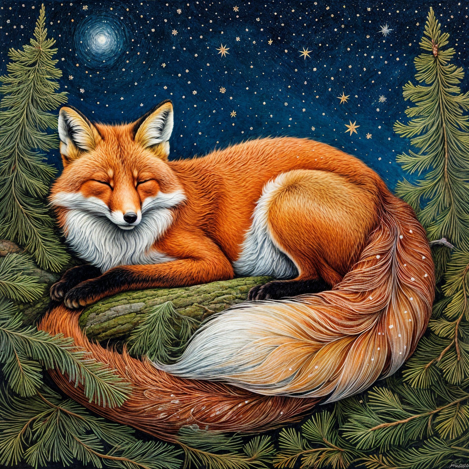 Fox on a Mossy Log Under a Starry Night Sky