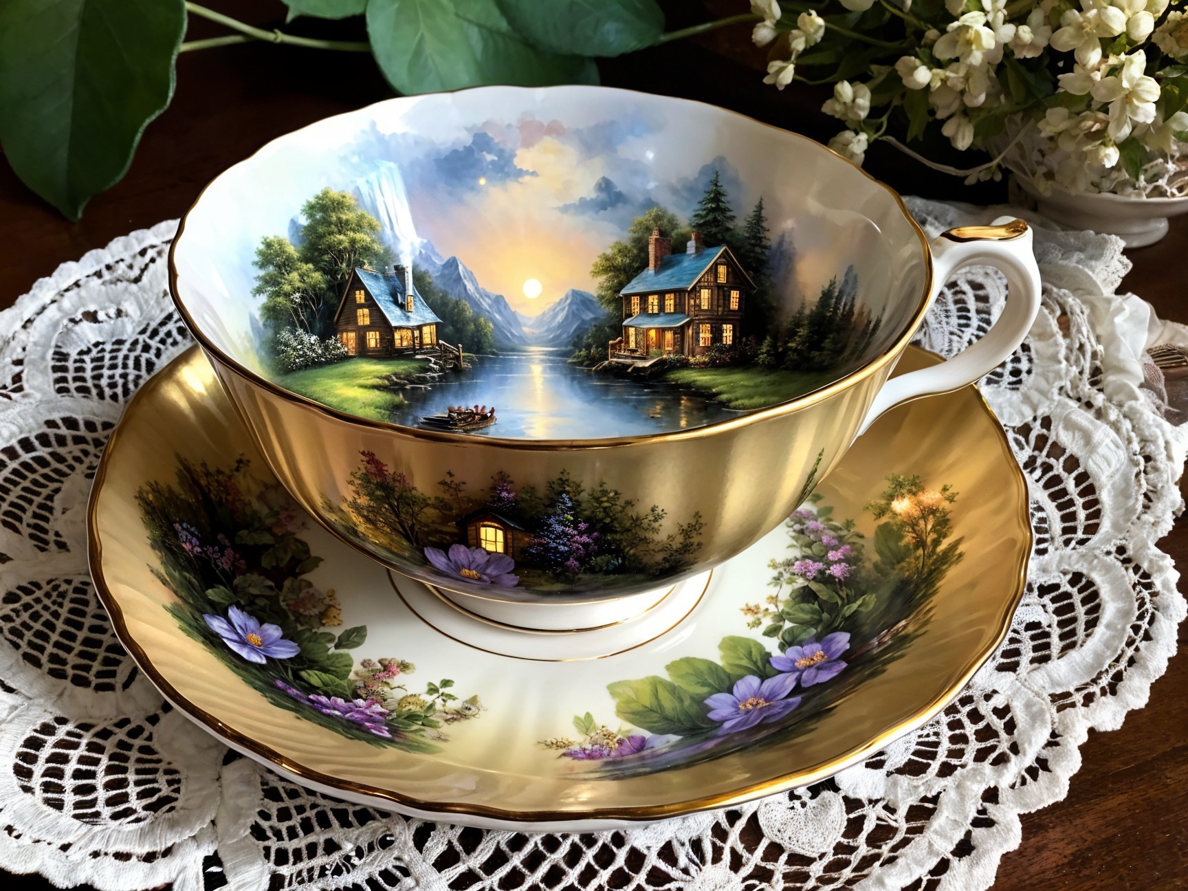 Porcelain Teacup and Saucer with Floral Designs