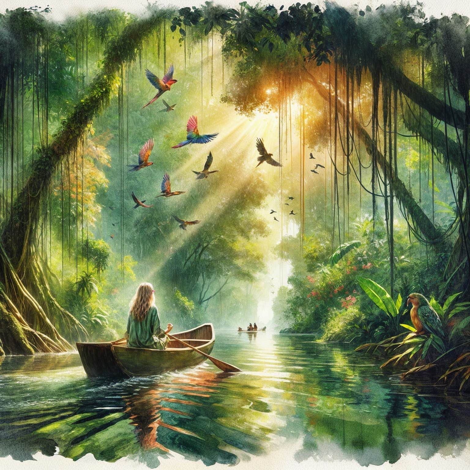Serene Jungle Scene with Canoe on Shimmering River