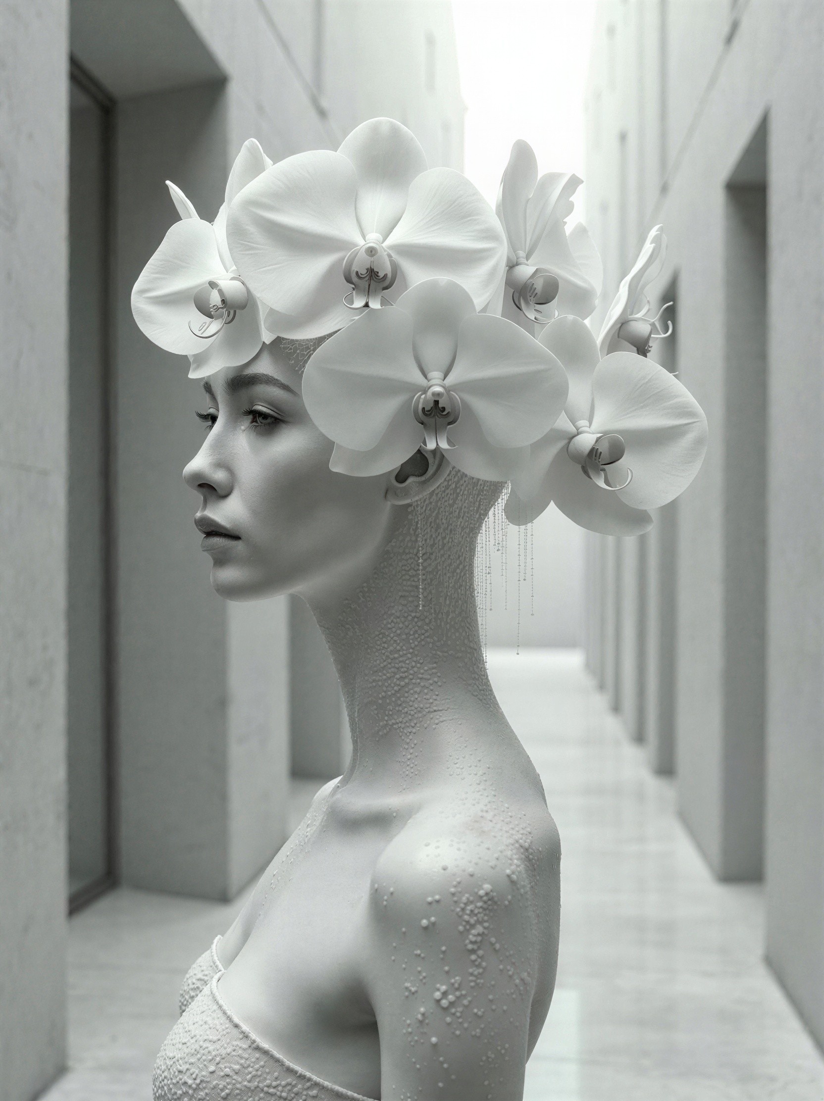 Grayscale Digital Portrait of Woman with Orchid Crown