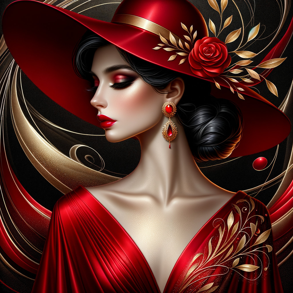 Elegant Woman in Crimson Dress with Glamorous Accents