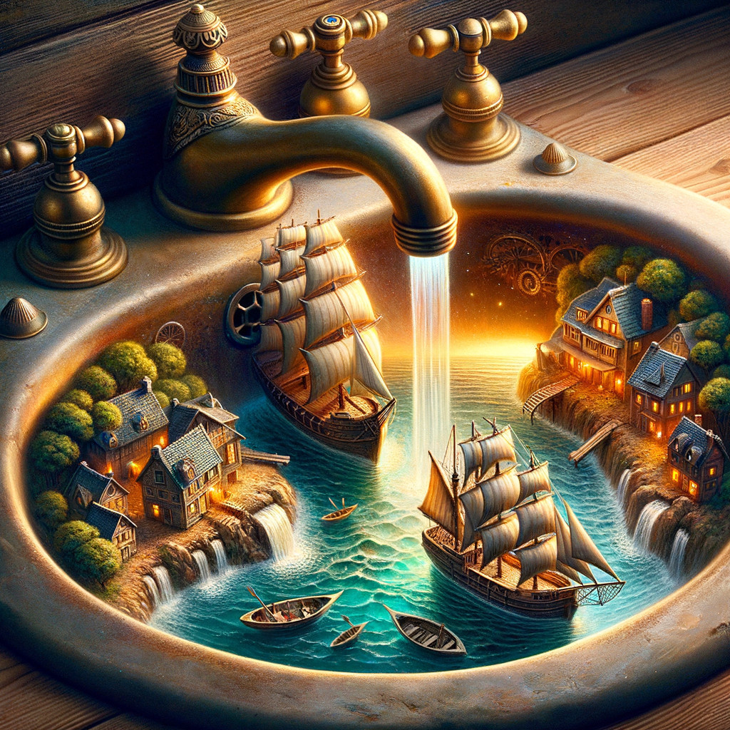 Vintage Sink with Golden Faucet in Fantasy Landscape