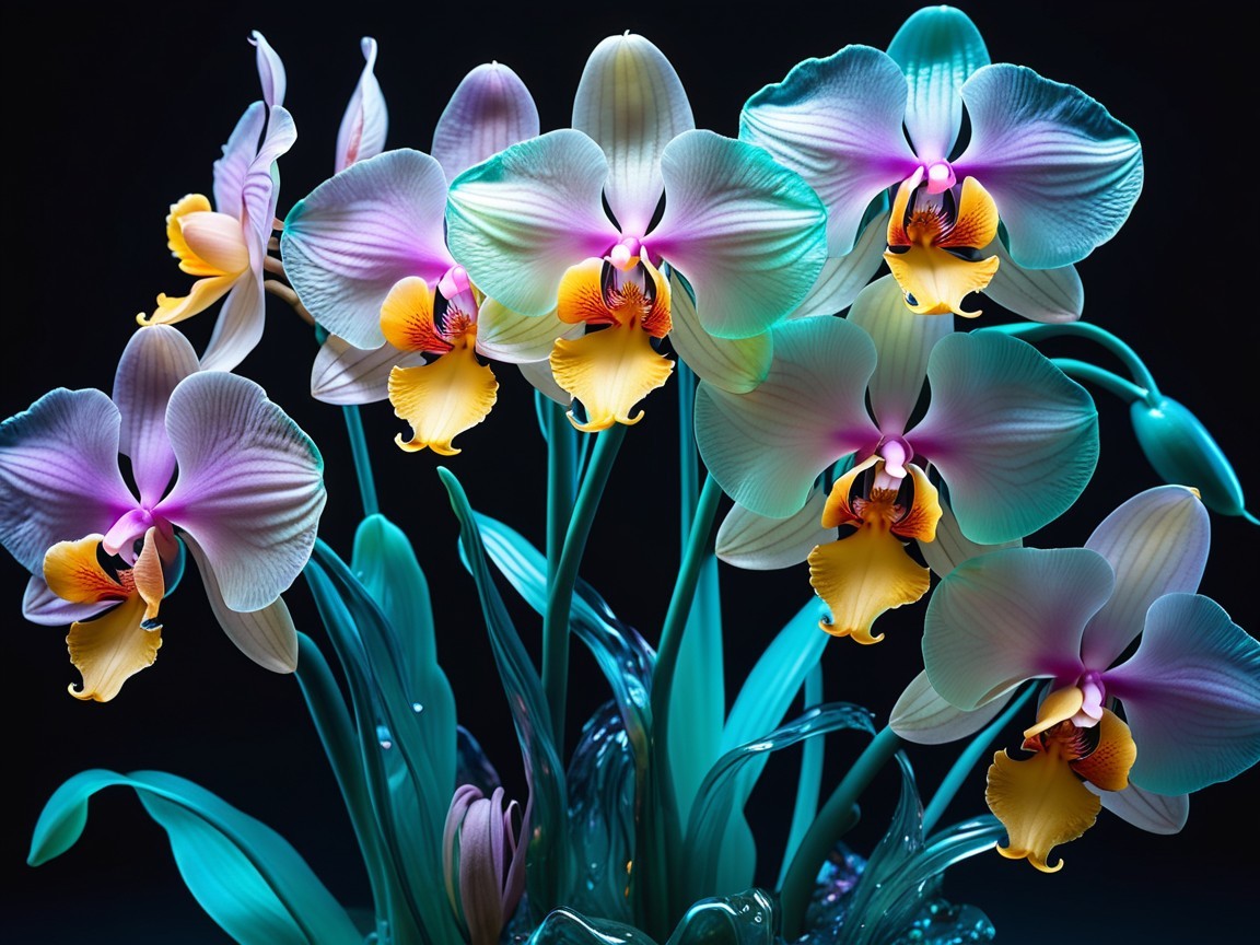 Vibrant Orchids in Glass Vase with Dramatic Lighting