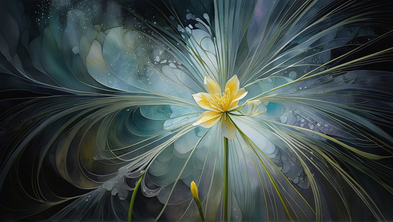Delicate Yellow Flower Surrounded by Soft Blues and Greens