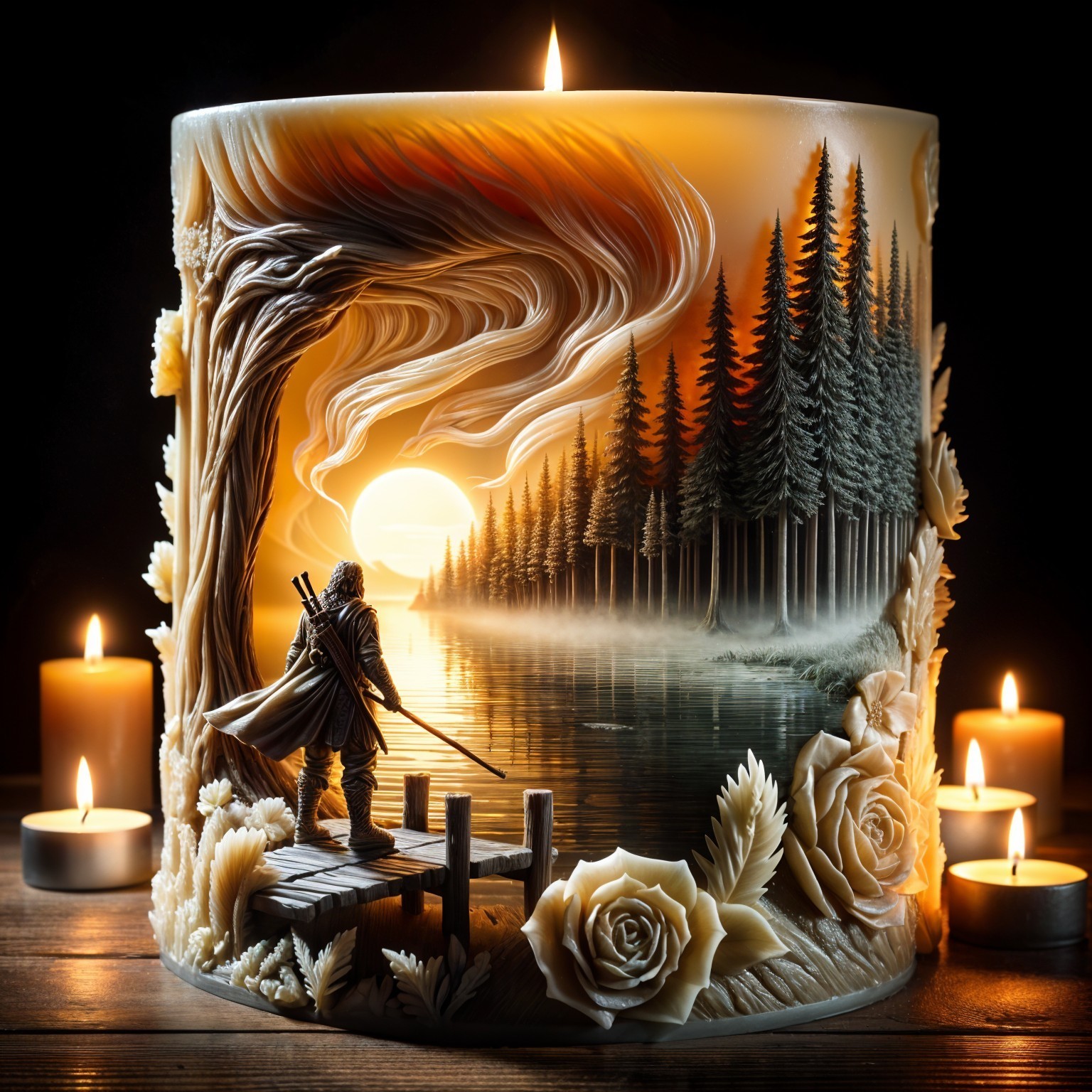 Carved Candle Depicting Serene Landscape at Sunset