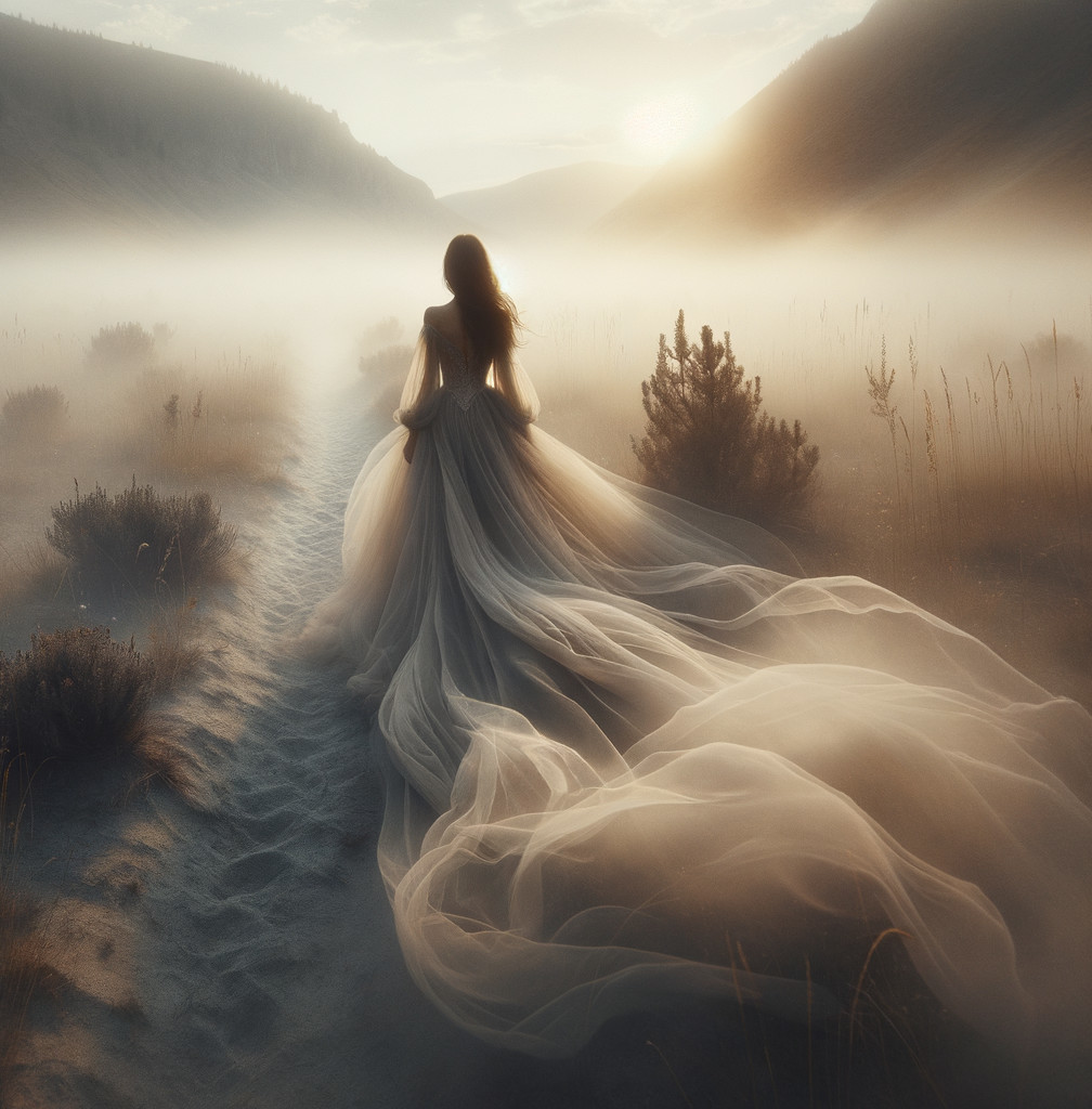 Woman in ethereal gown on misty pathway at dawn