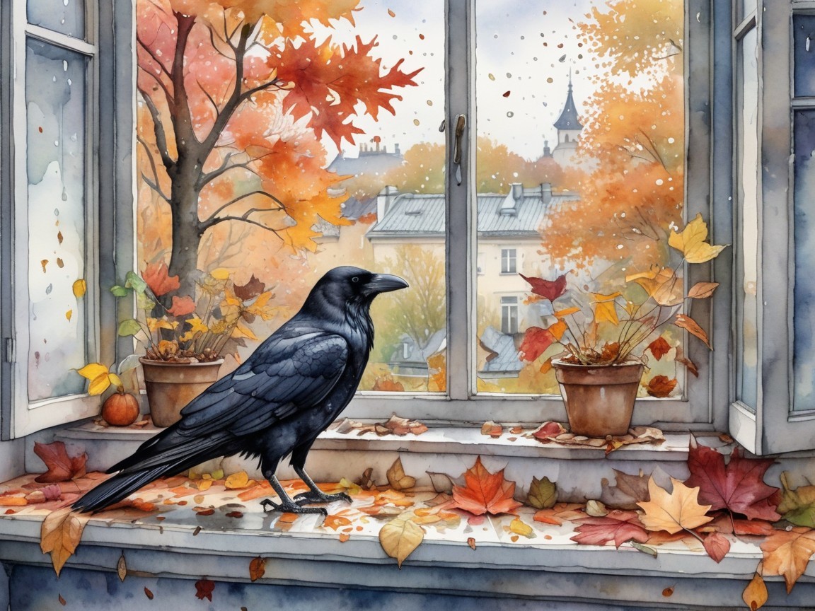Raven on Windowsill with Autumn Trees and Cozy Decor