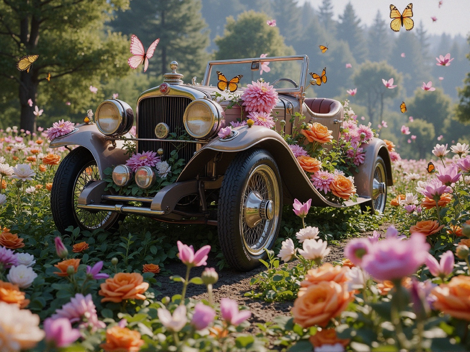 Vintage Convertible in a Colorful Flower Garden