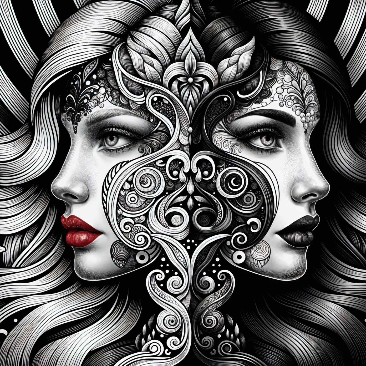 Black-and-White Illustration of Merging Faces and Patterns