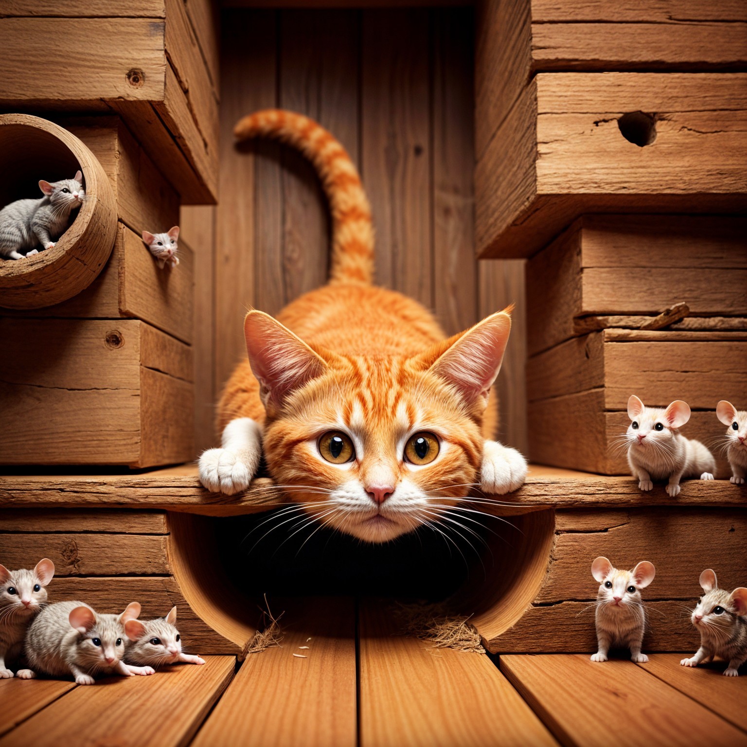 Cozy Wooden Hideout with Cat and Playful Mice
